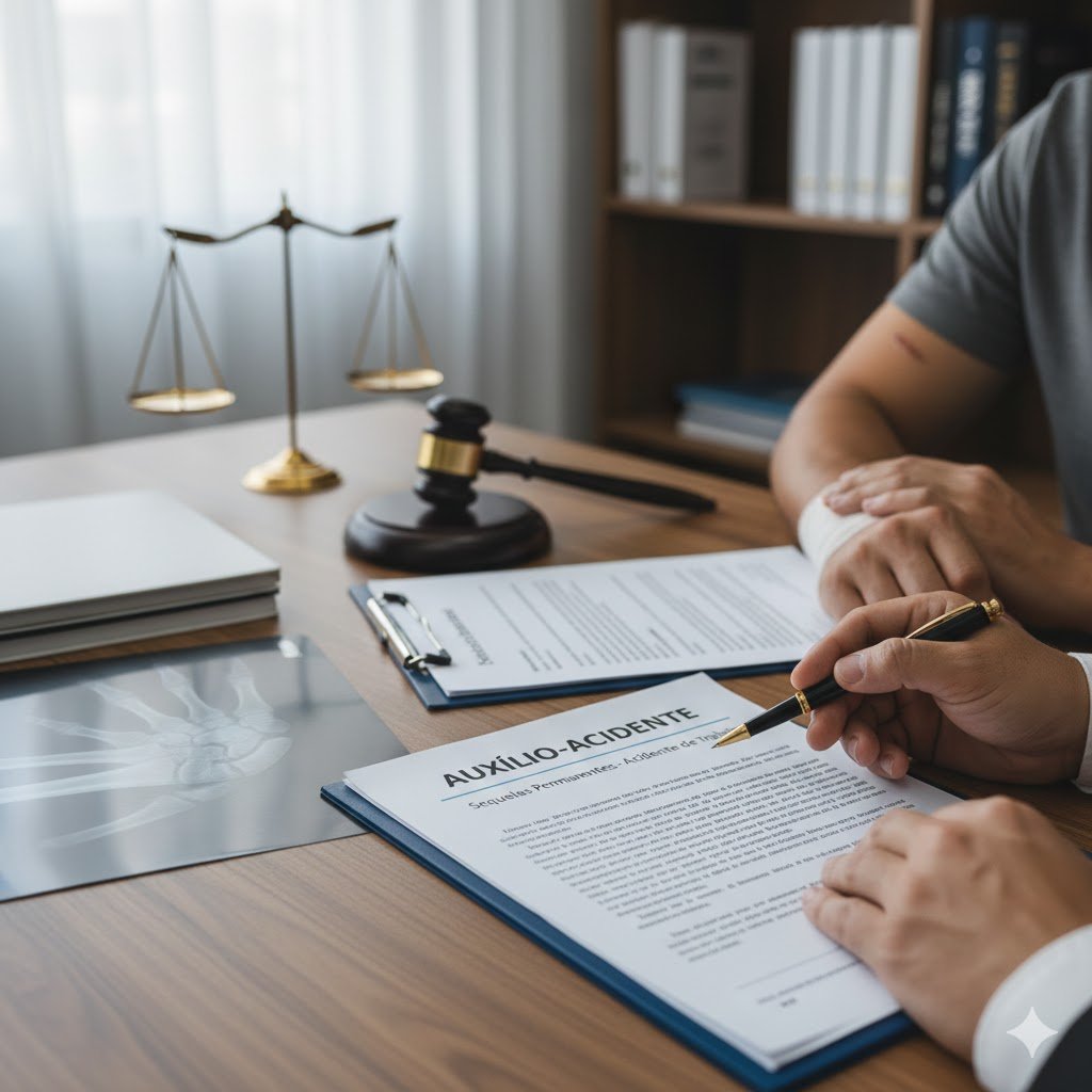 Imagem que representa o Auxílio-Acidente: martelo de juiz (Justiça), gesso no braço ou sequela e um carrinho de compras, simbolizando a compensação financeira paga pelo INSS devido a sequelas permanentes após acidente de trabalho ou acidente de qualquer natureza